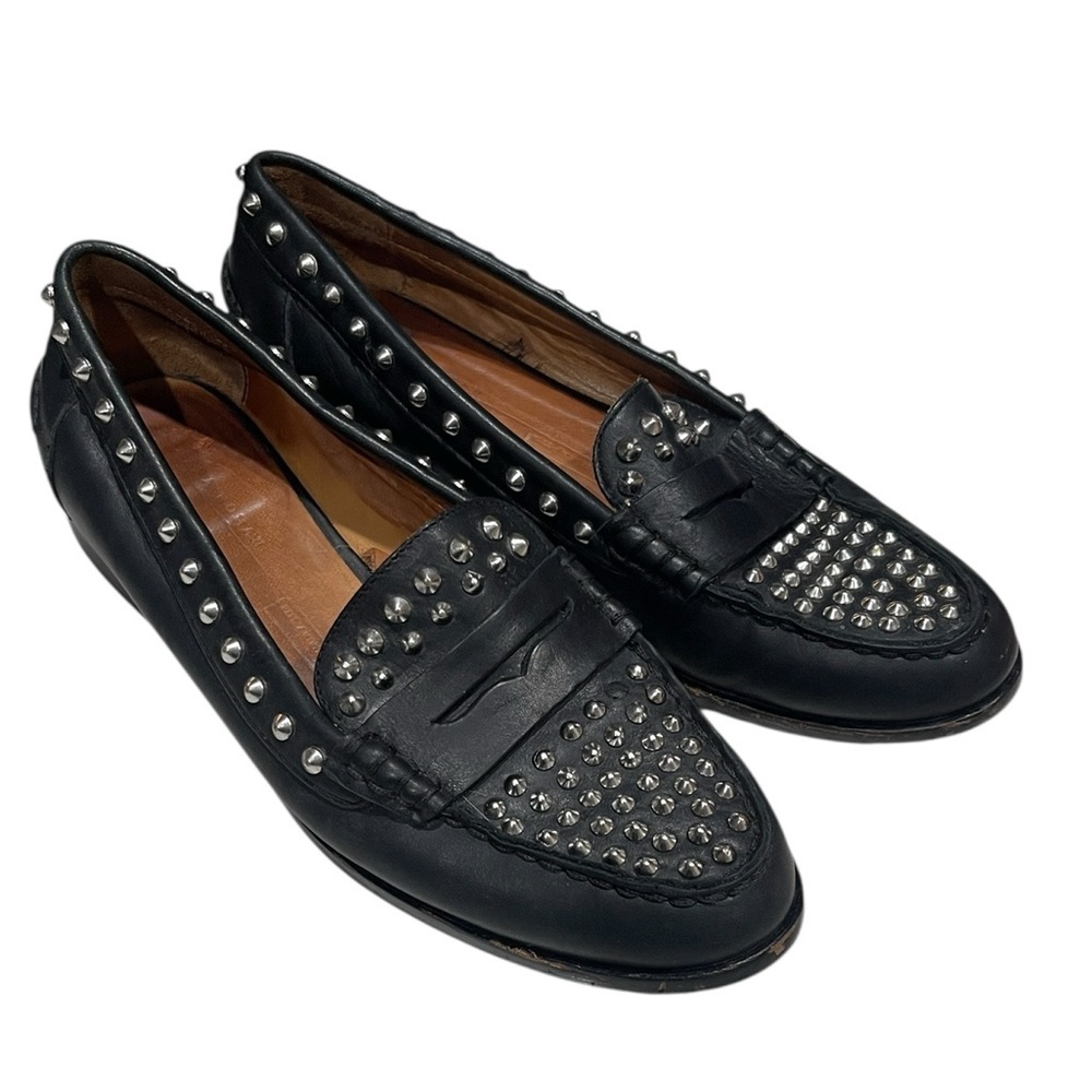 Zara Studded Leather Penny Loafers SZ 6.5 37 Black Silver